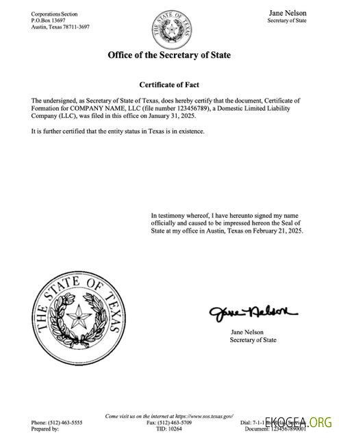 Modèle Word et PDF de certificat de fait USA Texas